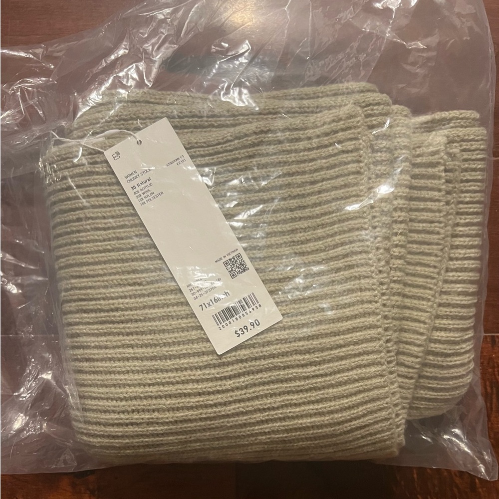 UNIQLO Lemaire Chunky Stole Ribbed Knit Scarf Wool Blend Unisex Natural Beige